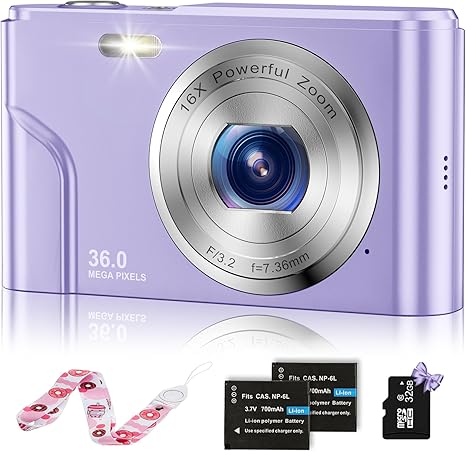 Digital Baby Camera for Kids Teens Boys Girls Adults,1080P 48MP Kids Camera with 32GB SD Card,2.4 Inch Kids Digital Camera with 16X Digital Zoom, Compact Mini Camera (Purple)