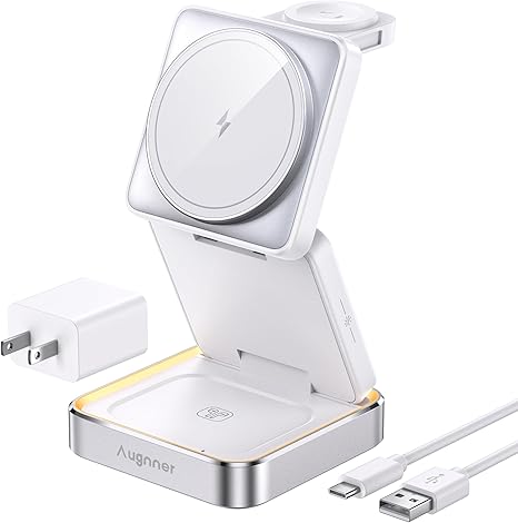 ?2024 Upgraded? Wireless Charger 3 in 1, Foldable Wireless Charging Station with Light for Apple MagSafe Charger, Travel Magnetic Charger for iPhone 16/15/14/13/12 Apple Watch AirPods 3/2 (White)