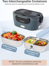 Load image into Gallery viewer, Heated Lunch Box, 80W Electric Lunch Box with Dual-compartment Container and Lid, 12V/24V/110V Food Warmer with Utensils and Insulated Bag for Car/Truck/Office (Black)
