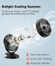 Load image into Gallery viewer, TYZU 7 Inch Portable Fan, Misting Fan, 4000 mAh Battery Operated Fan, Outdoor Misting Fan With 2 Mist Modes &amp; 4 Speeds, 130ml Tank, 360° Rotatable, Clip on fan For Outside Camping Stroller Golf Cart
