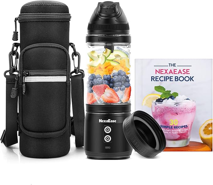 Portable Blender with Insulated Carrying Case & Recipe Book for Shakes and Smoothies, 24 OZ Personal Juicer Electric Protein Shaker Bottle, Mini Small Blender Cup with USB-C Rechargeable, Travel Lid