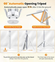 Load image into Gallery viewer, TONEOF 66" Automatic Tripod,Auto-Open Phone Tripod Stand with Magnetic Rechargable Remote,Selfie Stick Tripod 360° Vertical &amp; Horizontal Rotatable,Stable Travel Tripod for iPhone/Android(White)
