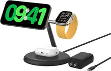 Load image into Gallery viewer, Belkin MagSafe-Compatible 3-in-1 Wireless Charger Stand 15W - Qi2-Certified Wireless Charging Station, Fast Charging iPhone Charger for iPhone 16, AirPods, &amp; Apple Watch - 36W Charger Included - Black
