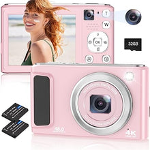 Load image into Gallery viewer, 4K Digital Camera, 48MP Autofocus Cameras for Photography,Vlogging Compact Camera with Front and Rear Camera, 16X Zoom Protable Point and Shoot Cameras with 32GB SD Card,Anti-Shake,2 Batteries
