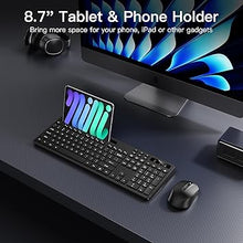 Load image into Gallery viewer, Wireless Keyboard and Mouse Combo, Soueto 2.4G Full-Sized Computer Keyboard with Phone Tablet Holder, 22 Multimedia Shortcuts, Numeric Keypad, 6 Button Silent Mouse for Windows, Mac (Midnight Black)
