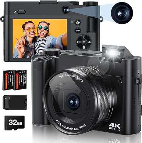 4K Digital Camera, 64MP Rear and Front Camera for Photography and Video Autofocus Anti-Shake, 3'' Selfie Flip Vlogging Camera with Ultra Bright Flash, Camera with Dial 16X Zoom (2 Batteries+Charger)