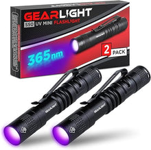 Load image into Gallery viewer, GearLight Black Light UV Flashlight S50 [2 Pack] - 365 nm Mini Blacklight Ultraviolet Pen Flashlights for ID Check, Leak AC Detection, Resin Curing - Pet Urine, Scorpion, Stain Handheld Detector
