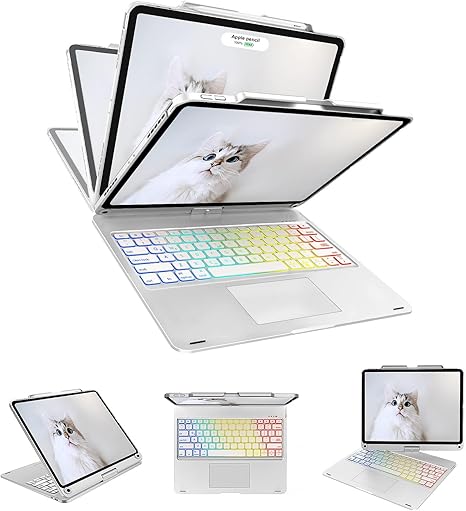 Swivel Wireless Keyboard Case for iPad Pro 12.9 (6th/5th/4th/3rd Gen), Rainbow Backlits & Multi-Touch Trackpad, Magic 360° Rotatable Protective Keyboard Cover with Pencil Holder, Thin & Light-Silver