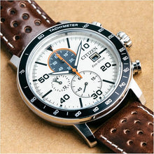 Load image into Gallery viewer, Citizen Men's Eco-Drive Weekender Brycen Chronograph Watch in Stainless Steel, Brown Leather strap, Ivory Dial (Model: CA0649-06X)
