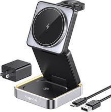 Load image into Gallery viewer, 2024 Upgraded Wireless Charger 3 in 1, Foldable Wireless Charging Station with Light for Apple MagSafe Charger, Travel Magnetic Charger Compatible with iPhone 16/15/14/13/12 Apple Watch
