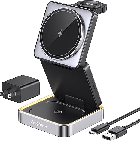 2024 Upgraded Wireless Charger 3 in 1, Foldable Wireless Charging Station with Light for Apple MagSafe Charger, Travel Magnetic Charger Compatible with iPhone 16/15/14/13/12 Apple Watch