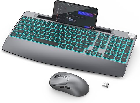 Wireless Keyboard and Mouse Backlits - Full-Sized Ergonomic Lighted Keyboard with Wrist Rest, Phone Holder,2.4GHz Rechargeable Silent Keyboard Mouse Combo for Computer, Laptop, PC, Mac -Grey