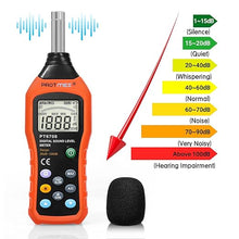 Load image into Gallery viewer, PT6708 Sound Level Meter, Digital Decibel Reader Measurement, Range 30-130 dB, Accuracy 1.5dB Noise Meter with Large LCD Screen Display, Fast and Slow Selection (Batteries Include)
