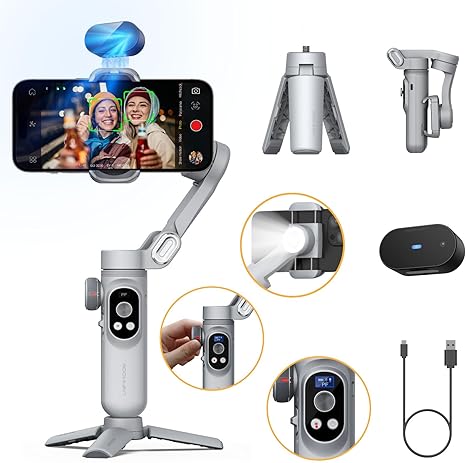 3-Axis Phone Gimbal, Gimbal Stabilizer for iPhone w/AI Vision Sensor, Portable Gimbal for iPhone/Andriod, iPhone Gimbal Built in Fill Light Perfect for TikTok YouTube-Smart AI XPro Grey
