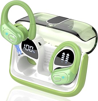 Wireless Earbuds 75hrs Bluetooth 5.3 Headphone Sport, 2024 Bluetooth Earbuds Stereo Deep Bass Over Ear Bud with Earhooks, ENC Noise Cancelling Mic, IPX7 Waterproof Earphone, Green