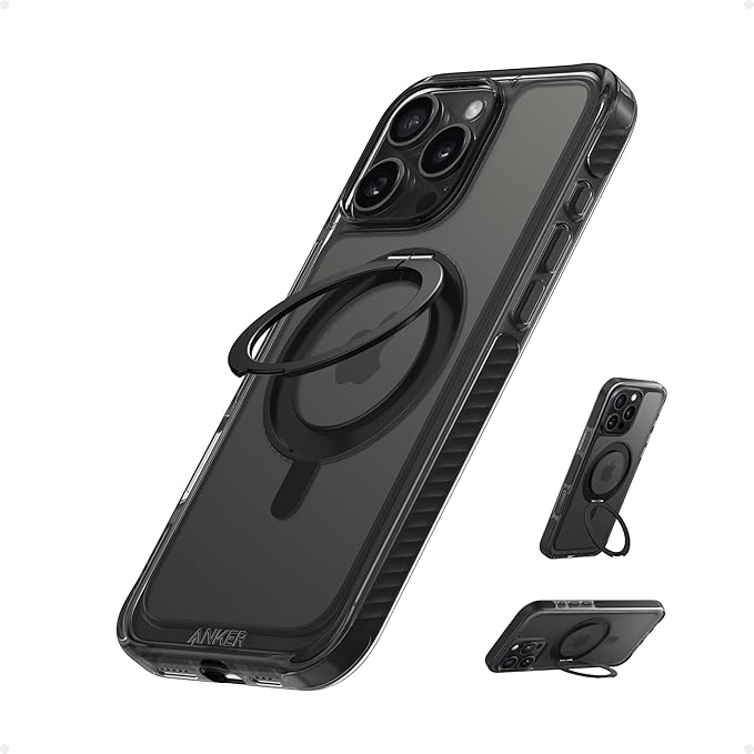 Anker Ultra Magnetic for iPhone Case with Sturdy 360° Ring Stand, Anti-Yellowing and Drop-Proof Crystal-Clear Protective Cover, Compatible with MagSafe (for iPhone 16 Pro Max, Clear Black)