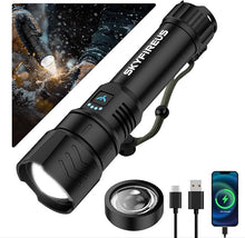 Load image into Gallery viewer, SKYFIRE LED Rechargeable Flashlight 10000 High Lumens, Super Bright Flashlight with Ignition Lens, Zoomable,Four Modes,Waterproof Flash Light for Camping Essentials,Outdoor,Home (Black)
