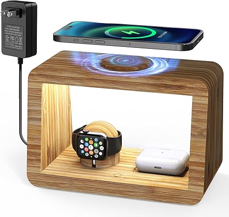 Bamboo Wireless Charging Station: 3-in-1 Wireless Charger with Night Lights - Fast Charging Stand Compatible with iPhone 16/15/14/13/12 Pro Max/X/Xs Max/8, AirPods Pro, iWatch Series 8/7/6/5/SE/4/3/2