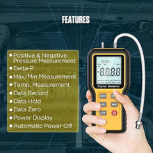 Load image into Gallery viewer, Digital Manometer, Professional Air Pressure Meter Differential Pressure Gauge with Dual Ports, 12 Selectable Units Manometer Gas Pressure Tester HVAC Manometer
