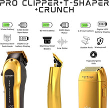 Load image into Gallery viewer, Supreme Trimmer 3-in-1 Barber Bundle | Pro Clipper, T-Shaper Trimmer &amp; Crunch Foil Shaver | Professional Beard Trimmer Men’s Hair Clipper Kit | Gold
