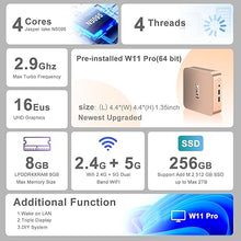 Load image into Gallery viewer, Mini PC, N5095 Desktop Computer, 8GB DDR4X RAM/256GB M.2 2280 SSD+Expandable M.2 2242 SSD+M.2 WiFi, 4K Triple Display with Mouse/USB/BT/LAN/HD/Type-C/Metal Frame, Gold
