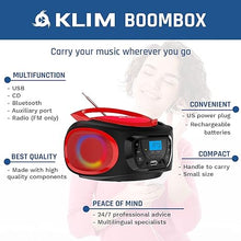 Load image into Gallery viewer, KLIM Boombox Portable Audio System - New 2024 - FM Radio CD Player Bluetooth MP3 USB AUX - Includes Rechargeable Batteries - Wired &amp; Wireless Modes - Compact and Sturdy - Red
