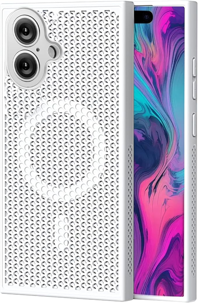 CCSmall for Apple iPhone 16 Plus Heat Dissipation Case with Magnetic Ring, Mesh Breathable Hollow Cellular Hole Slim Phone Case Cover for iPhone 16 Plus SR White