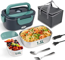 Load image into Gallery viewer, Electric Lunch Box Food Heater, 80W Portable Warmer for Car Truck Work with 304 Stainless Steel Container, 12V/24V/110V Green Heated Lunch Box Suitable for Ideal Driver/Work/Gift
