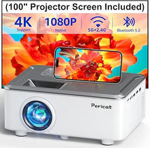 Load image into Gallery viewer, 5G WIFI Bluetooth Projector with 100&quot; Screen, 15000L Native 1080P Outdoor Projector, Pericat Home Theater Movie Projector,15W HIFI Speaker Video Projector Compatible with TV Stick/Phone/PC/Xbox
