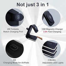 Load image into Gallery viewer, Magnetic Wireless Charger Stand 15W Fast Mag-Safe Charger 3-in-1 Charging Station with Sleep-Friendly Light for iPhone 16/16 Pro/16 Plus/16 Pro Max/15/14/13/12 Series, Apple Watch, AirPods
