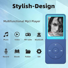 Load image into Gallery viewer, Mp3 Player with Bluetooth Music Players,Portable Walkman Mp3/Mp4 Players with Video,Voice Record,Fm Radio,E-Book,Photo Viewer,Alarm Clock,1.8&quot; HD Screen MP3 Player with SD Card Slot (Blue 32GB)
