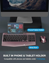 Load image into Gallery viewer, Wireless Keyboard and Mouse Combo, Ergonomic Keyboard with Wrist Rest, Phone Holder, Sleep Mode, 2.4G Lag-Free Rechargeable Compact Silent Cordless Keyboard Mouse for Windows, Laptop, PC (Rose Gold)
