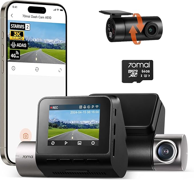 70mai Dash Cam Front and Rear A510,1944P+1080P with STARVIS 2 IMX675 and 64GB Card, Dash Camera for Cars, 4G Support, ADAS, Built-in GPS WiFi, APP Control, HDR, 24H Parking Mode, Loop Recording
