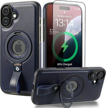 Load image into Gallery viewer, Capture Grip Strap Magnetic Stand for iPhone 16 Plus Case with Screen Protector, Protective iPhone 16 Plus Case Leather, Compatible with MagSafe, Built-in Kickstand,for Men Women, Blue
