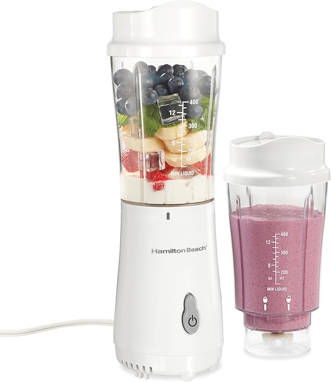 Hamilton Beach Portable Blender for Shakes and Smoothies with 14 Oz BPA Free Travel Cup and Lid, Durable Stainless Steel Blades for Powerful Blending Performance, 2 Jars - White (51102V)