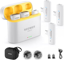 Load image into Gallery viewer, NEEWER Wireless Lavalier Microphone System for iPhone, Mini Clip on Lapel Mic Set with 2 USB C Transmitters/4 Receivers/OTG Adapter Compatible with iPhone Android Phone Computer Tablet, White, KM20
