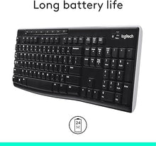 Load image into Gallery viewer, Logitech K270 Wireless Keyboard for Windows, 2.4 GHz Wireless, Full-Size, Number Pad, 8 Multimedia Keys, 2-Year Battery Life, Compatible with PC, Laptop, Black

