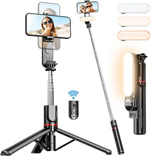 Load image into Gallery viewer, Stable Selfie Stick Tripod with Fill Light, 44 Inch Extendable Selfie Stick with Wireless Remote and Tripod Stand 360 Rotation for iPhone 15/14/13/12/11 Pro/XS Max/XS/XR/X/8/7, Samsung and Smartphone
