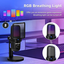 Load image into Gallery viewer, Retekess TG201 Gaming Microphone, Noise Cancellation Condenser mic with Mute, Turnable RGB Lights, Monitoring, Card/Omin, Microphone for pc, Compatible with PS4/5, MacOS, Windows
