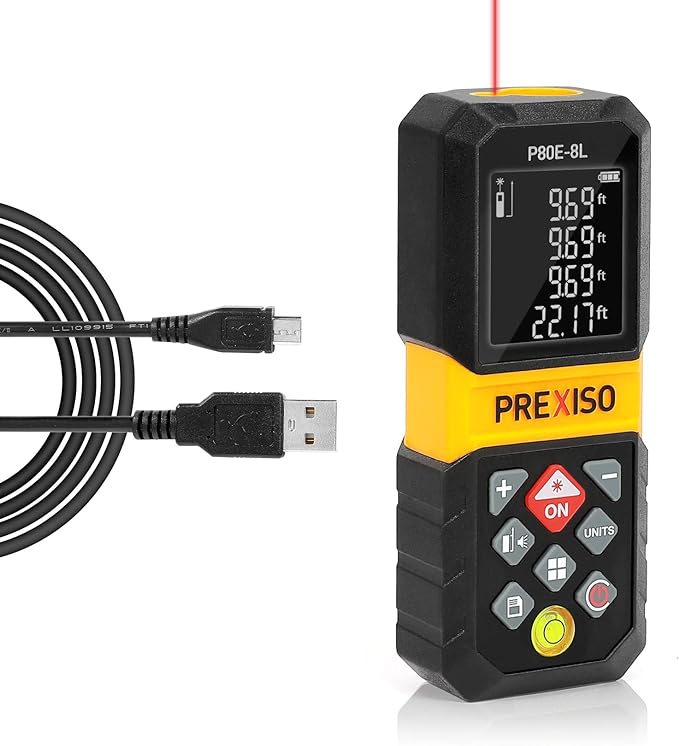 PREXISO Laser Measure, 265Ft Rechargeable Laser Distance Meter with Multi-Measurement Units M/in/Ft, Backlit LCD 4 Line Display, and Pythagorean, Distance, Area, Volume Modes