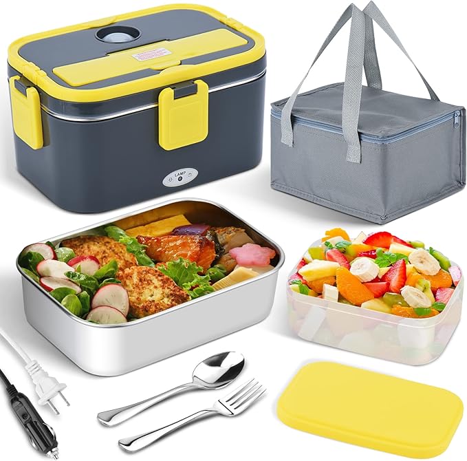 Electric Lunch Box Food Heater, 80W High-Power Food Warmer, 12V 24V 110V 3 in1 Portable Microwave for Car and Home, with Detachable 304 Stainless Steel Container Fork and Spoon