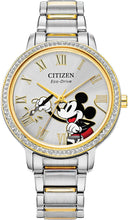 Load image into Gallery viewer, Citizen Eco-Drive Ladies&#39; Mickey Mouse Crystal Watch, Two Tone Gold Stainless Steel, 3-Hand, 36mm (Model: FE7044-52W)
