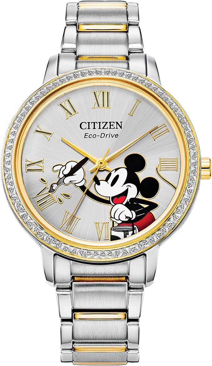 Citizen Eco-Drive Ladies' Mickey Mouse Crystal Watch, Two Tone Gold Stainless Steel, 3-Hand, 36mm (Model: FE7044-52W)