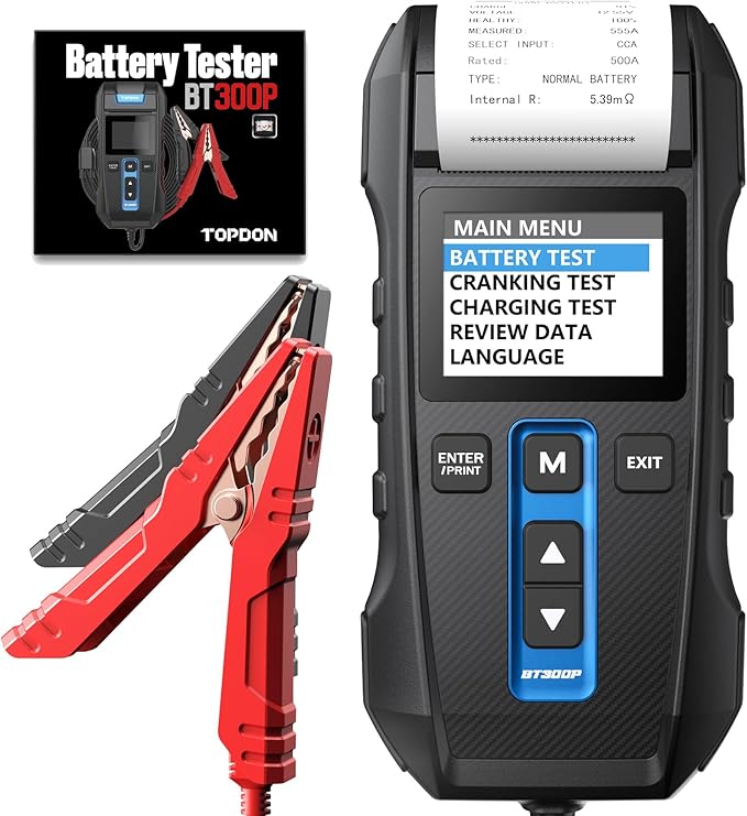 Car Battery Tester 12V 24V 100-2000CCA Lead-Acid Battery, TOPDON BT300P Alternator Tester, Load Tester, with Built-in Printer, Spark Free Metal Clamps, Automatic Reverse Polarity Protection