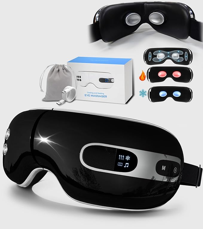 Eye Massager with Heat and Cooling for Migraines, Dry Eyes, and Eyestrain - Heated Eye Massager Mask Massage Pressure Points for Relaxation - Christmas Gifts (Black)