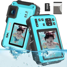 Load image into Gallery viewer, VETEK Underwater Camera, UHD 5K 64MP 16FT Waterproof Digital Camera with WiFi Connection 16X Zoom Selfie Dual Screens Waterproof Camera for Snorkeling with 32GB Card and 1200mAh Battery(Blue)
