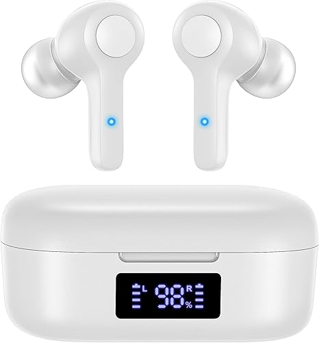 MOZOTER Bluetooth 5.3 Wireless Earbuds,Deep Bass Loud Sound Clear Call Noise Cancelling with 4 Microphones in-Ear Headphones with Wireless Charging Case Compatible for iPhone Android,Work-White