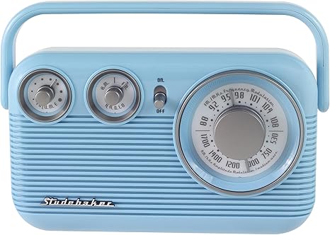 Studebaker Sky Blue SB2003 Retro Portable AM FM Radio | Built in Speaker | AC Powered/Battery | Aux-in Cable (Bundle)