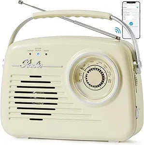 Radios Portable AM FM, Battery Powered or Plug in Wall for Home/Outdoor/Kitchen, Vintage Retro Radio with Bluetooth, Strong Reception & Sound, Large Dial Easy to Use (Beige)