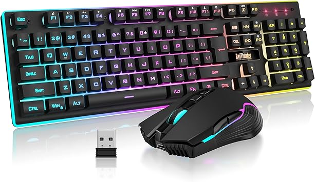 RedThunder K10 Wireless Gaming Keyboard and Mouse Combo, LED Backlit Rechargeable 3800mAh Battery, Mechanical Feel Anti-ghosting Keyboard + 7D 3200DPI Mice for PC Gamer (Black)